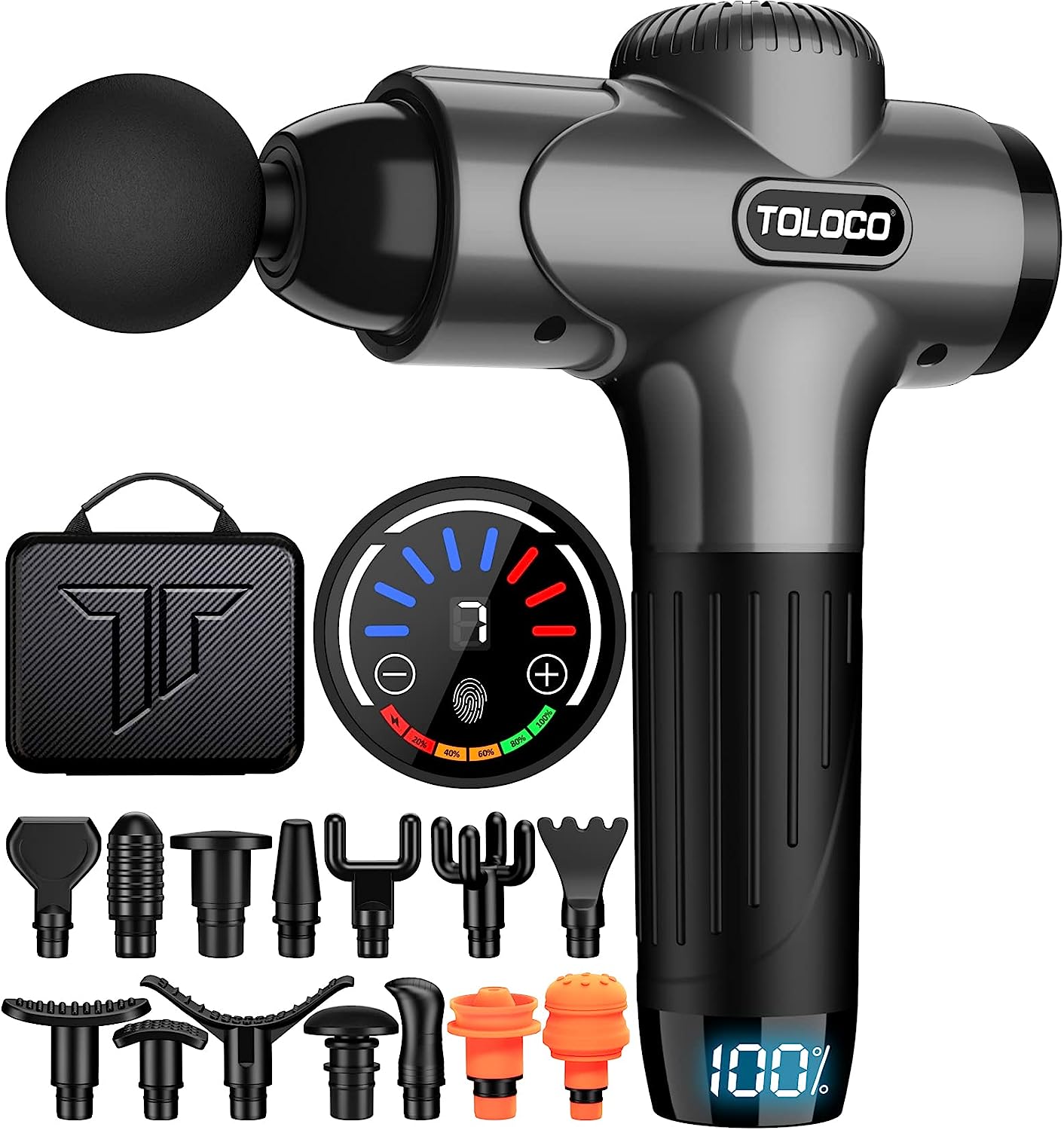 TOLOCO Massage Gun, Muscle Massage Gun Deep Tissue, Percussion Massage Gun with 15 Replacement Heads, Super Quiet Portable Electric Massager for Athletes, Treatment, Relax, Grey