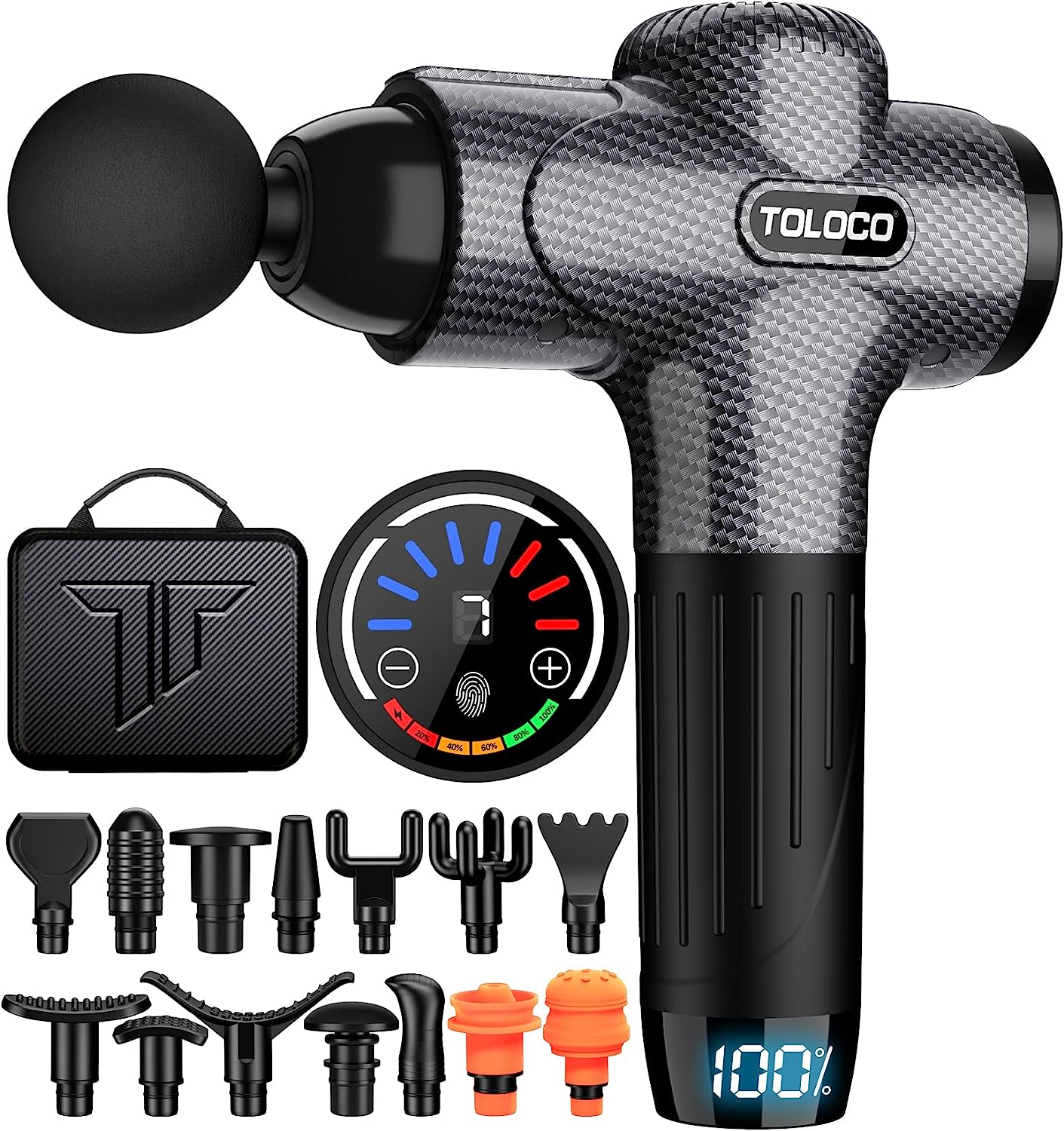 TOLOCO Muscle Massage Gun Deep Tissue, Percussion Massage Gun with 15 Replacement Heads, Super Quiet Portable Electric Massager for Athletes, Treatment, Relax, Carbon