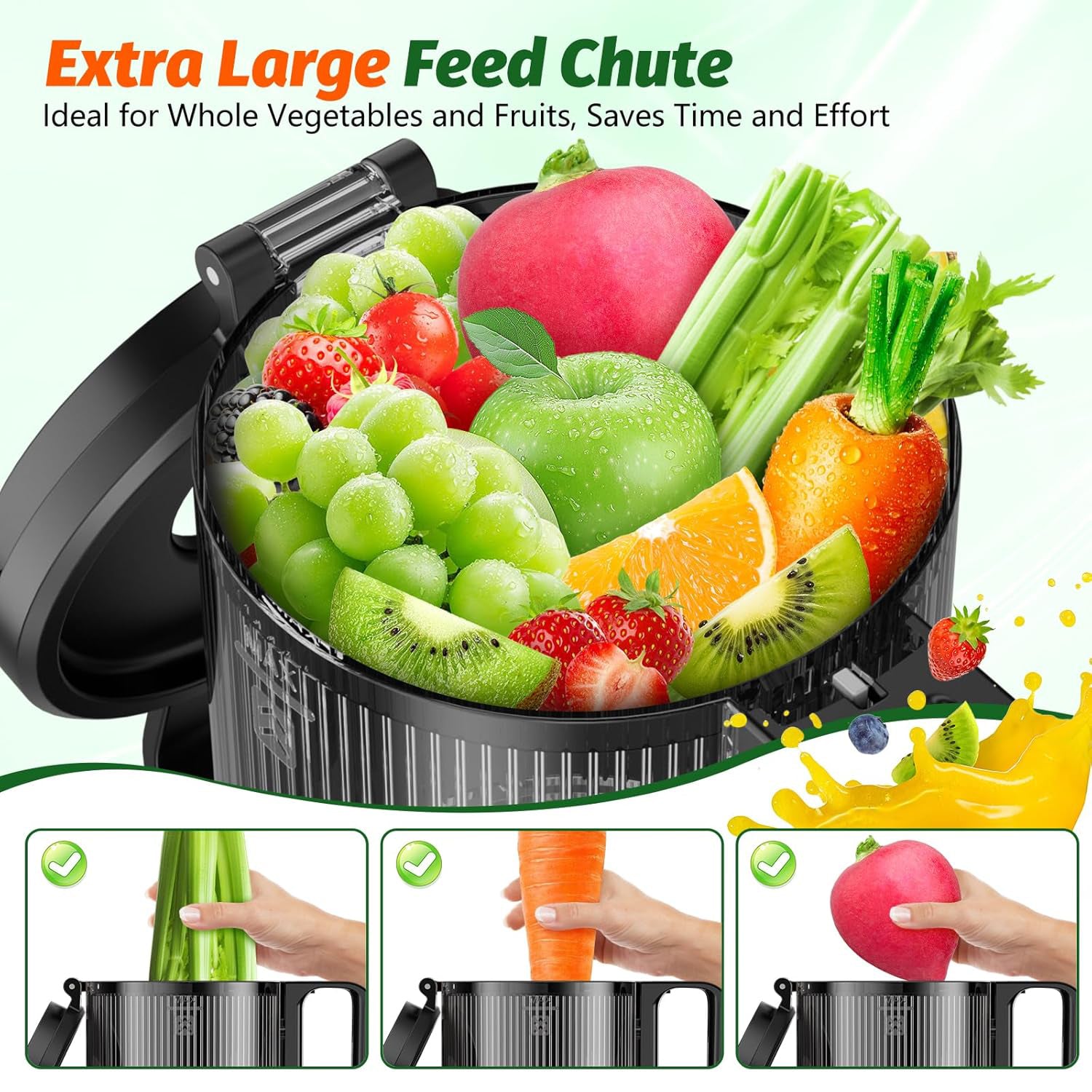 YPONE Cold Press Juicer, Masticating Juicer with 5.4" Wide Feed Chute, 350w Slow Juicer Machines Fit Whole Vegetables and Fruits,Juice Extractor Machine with High Juice Yield, Easy to Clean(Black)