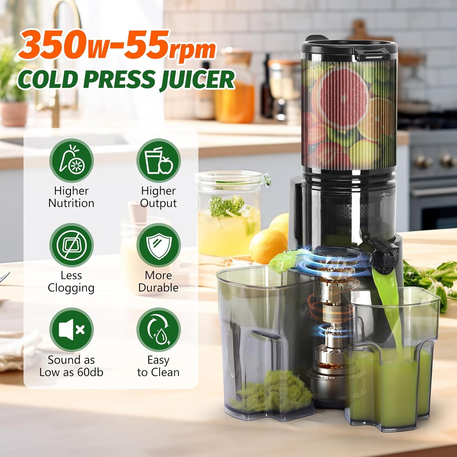 YPONE Cold Press Juicer, Masticating Juicer with 5.4" Wide Feed Chute, 350w Slow Juicer Machines Fit Whole Vegetables and Fruits,Juice Extractor Machine with High Juice Yield, Easy to Clean(Black)