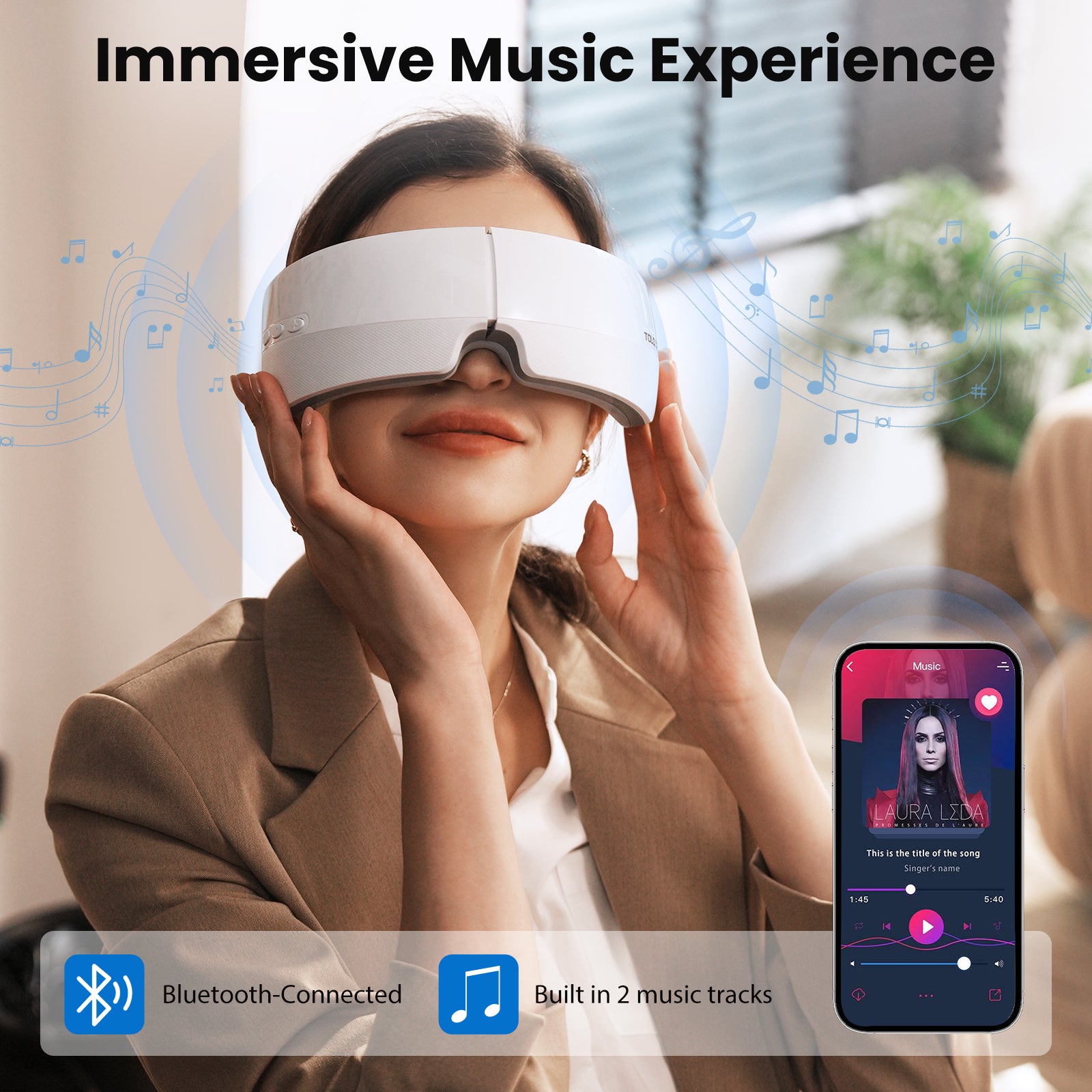 TOLOCO Eye Massager with Heat, Heated Eye Mask with Bluetooth Music for Migraines, Eye Massager for Relax and Improve Sleep, Reduce Eye Strain, Dark Circles, Dry Eyes, Birthday Gifts for Women/Men