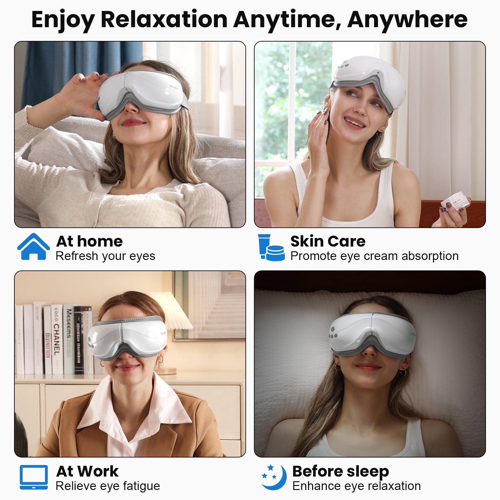 TOLOCO Eye Massager with Heat, Heated Eye Mask with Bluetooth Music for Migraines, Face Massager for Relax and Improve Sleep, Reduce Eye Strain, Relaxation Gifts for Women/Men, Birthday, Wedding Gifts