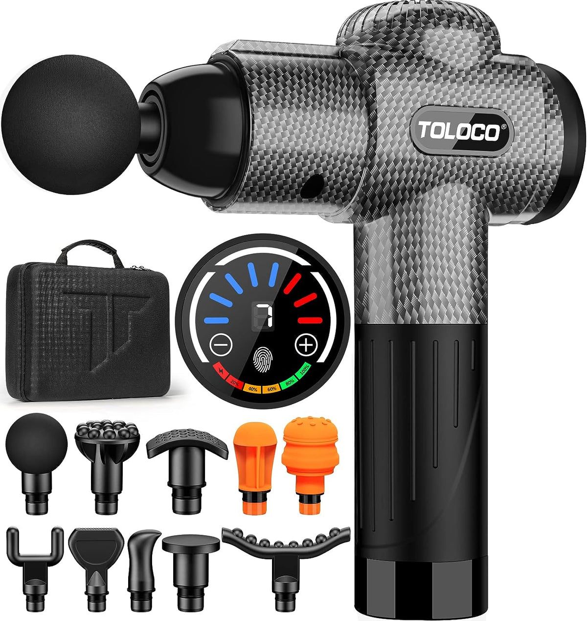 Black TOLOCO EM26 percussion massage gun with display and attachment set